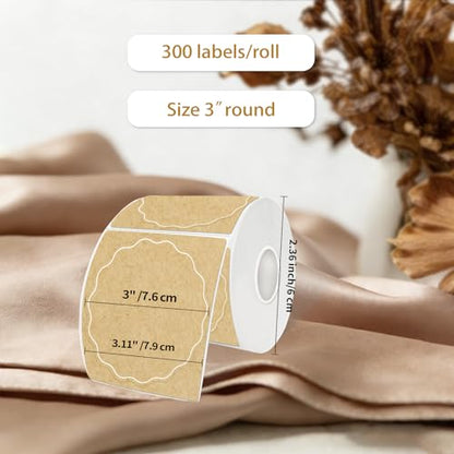 3 Inch Round Thermal Labels, Kraft Flower Thermal Sticker Labels for Small Business, Logo Design, Baking,300 Sheets/1 Roll - color: Kraft, size: 3 inch
