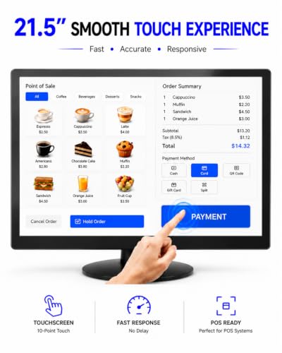 21.5-Inch Touchscreen Monitor, 1920x1080 Full HD 16:10 Display, 400cd/m² High Brightness, BNC HDMI VGA AV USB Input, Responsive Touch Screen for Self-Service Kiosk Industrial CCTV Security - size: 21.5Inch/16:10