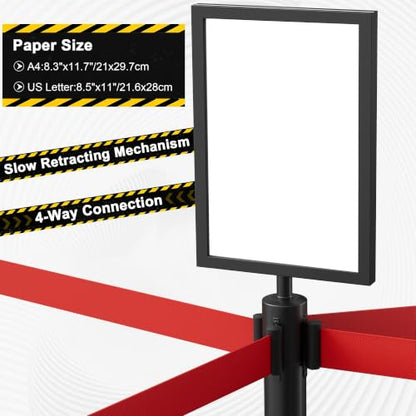 6-Pack Black Stainless Steel Crowd Control Stanchions, 9.8 ft Retractable Red Safety Belts with 1 Sign Holder(Red Belt) - color: Black stanchions w Red Belt, size: 6 pcs