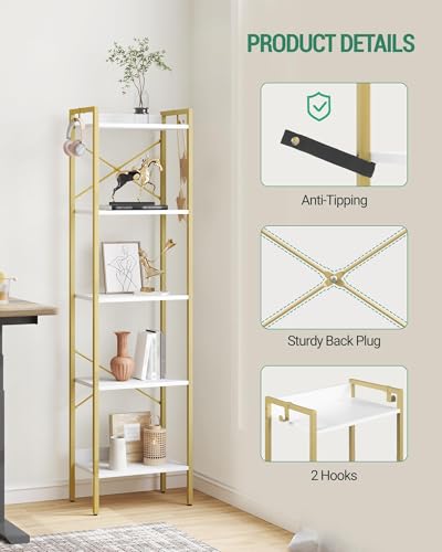 Hzuaneri Bookshelf, Book Shelf, Industrial Bookcase with 2 Hooks - color: White Gold, size: 9.4"D x 15.7"W x 63"H