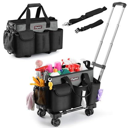 Chyaidach Rolling Cleaning Caddy, Cleaning Supplies Organizer with Trolley, Wearable Cleaning Tote Bag on Wheels with Hard Bottom, Cleaning Carts for Housekeepers/Home/Car/Office/Picnic (Grey) - color: Gray