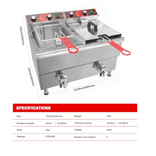 EGGKITPO Commercial Fryer Stainless Steel Electric Deep Fryer with Oil Filtration and Timer 24L Large Capacity Dual Tank Fryer with Baskets and Lids Countertop Deep Fryer for Restaurant Use 120V 3500W - size: 24L