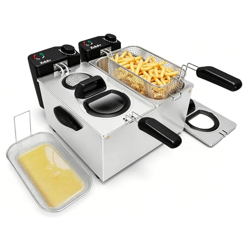 7.4QT Double Deep Fryer with Oil Filtration System, 3000W Dual Basket Electric Deep Fryer for Home Use with 2 Baskets, Large Countertop Fryer with Viewing Window and Adjustable Temperature