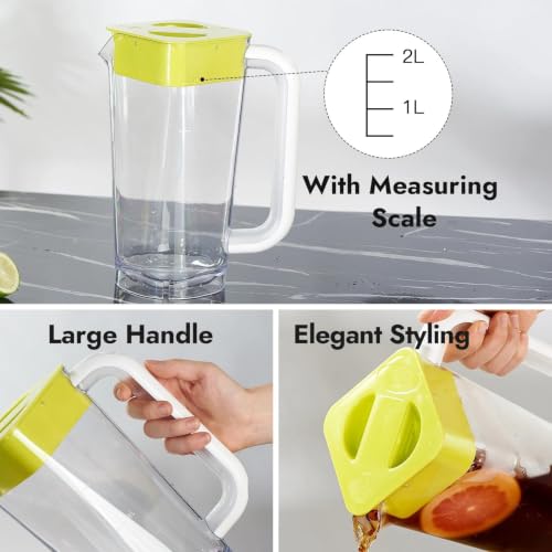 CURTA 4 Pack 2L/68 oz Plastic Pitcher with Lid & Handle, Large Capacity Water Jug with Measurement Marks, Clear Fridge Pitcher for Iced Tea, Juice, Lemonade & Cold Beverages - color: White-yellow-4pack