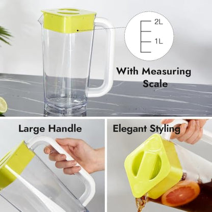 CURTA 4 Pack 2L/68 oz Plastic Pitcher with Lid & Handle, Large Capacity Water Jug with Measurement Marks, Clear Fridge Pitcher for Iced Tea, Juice, Lemonade & Cold Beverages - color: White-yellow-4pack