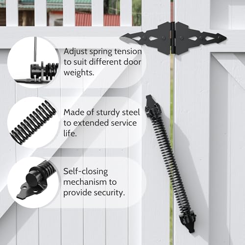 14" Gate Spring Self Closing Heavy Duty Outdoor Door Spring Automatic Gate Closer, Adjustable for Wooden and Vinyl Fence, Black,4 Pack