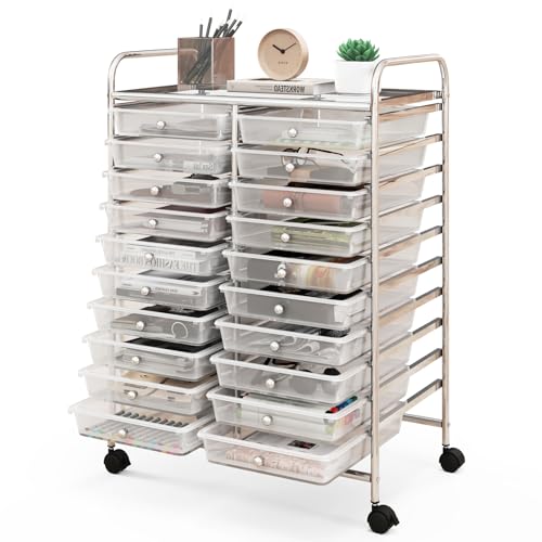 RELAX4LIFE 20 Drawer Rolling Storage Cart, Mobile Rolling Cart w/Drawers for School Classroom Teacher Office Home Salon, Paper File Art Supply Craft Organizer, Utility Cart on Wheels (Clear) - color: Clear, size: 35''