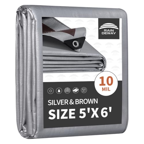 RAINDEWAY 5x6 Feet Tarps Heavy Duty Waterproof,10Mil Small Tarp Cover - color: Silver/Brown, size: 5x6 Feet-Finished size