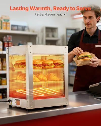 VEVOR 3-Tier Commercial Food Warmer Display, 800W Food Display Warmer with LED Light, Adjustable Shelf and Stainless Steel Frame, 86℉~185℉ Air Heating, 34L for Hamburger, Pizza, Bread, Fried Chicken - size: 3-Tier-36Qt