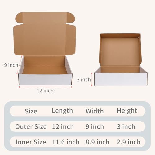 Fishat 12" x 9" x 3" White Corrugated Cardboard Shipping Boxes Set of 25 - size: 12" x 9" x 3"