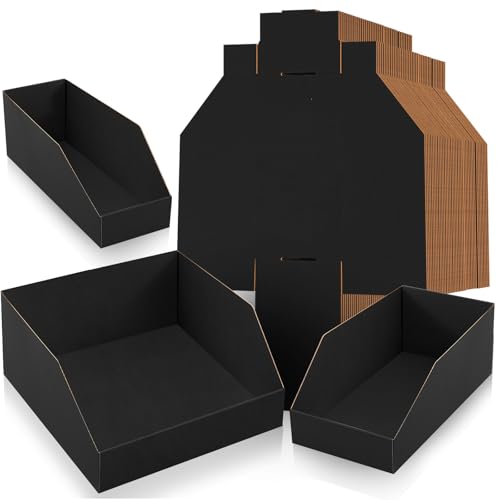 Fuyoooo 30 Pack 12 x 4/6/8 x 4.5 Inches Cardboard Storage Bins Open Top Bin Boxes Black Corrugated Shelf Organizer Bins for Pantry, Parts, Garage, Snacks, Bottles, Cans or Warehouse Home Cubby - size: 12 x 4/6/8 x 4.5 Inches