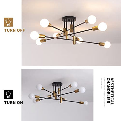 Garwarm 8-Light Black and Gold Sputnik Ceiling Light,Mid Century Semi Flush Mount Sputnik Chandelier Industrial Ceiling Lamp for Kitchen Dining Room Bedroom Foyer Entryway Hallway - color: 8-Lights,Black and Gold-2