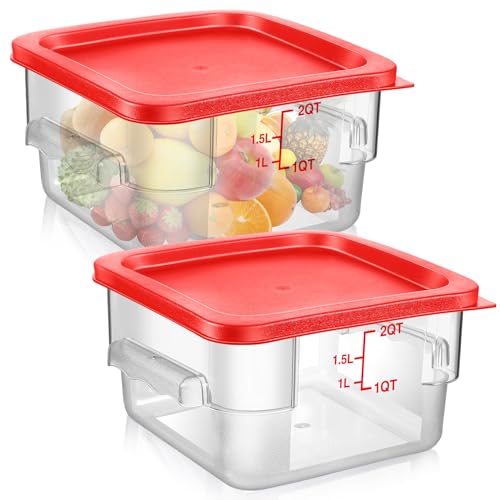 Suclain 2 Pcs Square Food Storage Container Polycarbonate Clear Food Container with Lid Commercial Rice Storage with Graduations for Commercial Kitchen(2 Qt,Red) - color: Red, size: 2 Qt