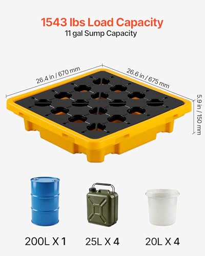 VEVOR Spill Containment Pallet, 1 Drum Low Profile Spill Containment Modular Platform, 11.4 Gallon Sump, 1543 lbs Load Capacity, Heavy-Duty Polyethylene Tray with Drain, 26.4" x 26.6" x 5.9", Yellow