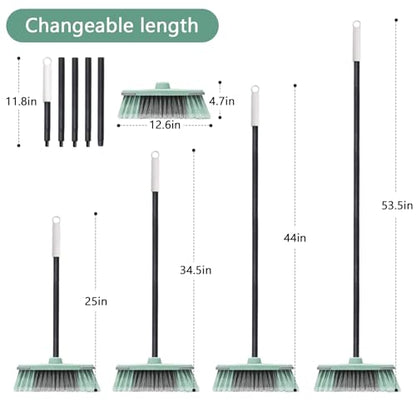 Indoor Broom Soft Bristle Brooms - Brooms for Sweeping Indoor Pet Hair, House Broom for Cleaning Hardwood, Tile, and Decking Surfaces Across.（Green）