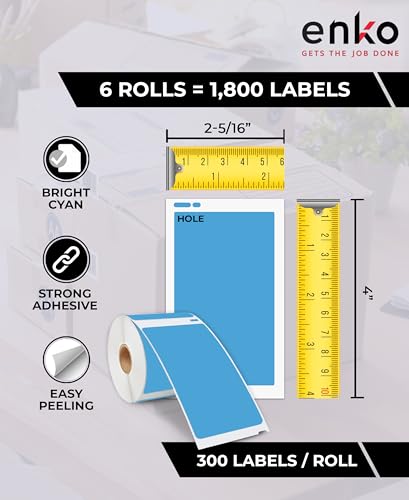 enKo 30256 6 Rolls | 1800 Cyan Direct Thermal Labels (2-5/16 x 4 in) - color: Cyan (Blue)