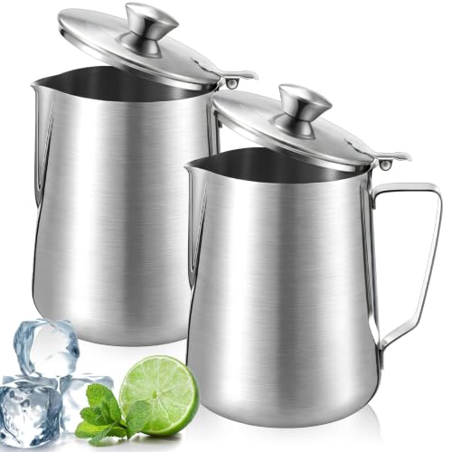 2 Pcs 50 Oz/ 1.5 L 304 Stainless Steel Pitcher with Lid Milk Frothing Jug - size: 50 Oz/ 1.5 L