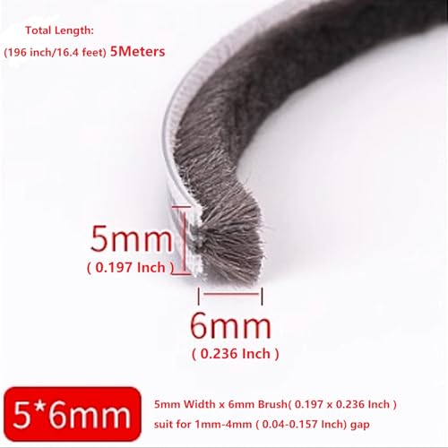 16 Ft (5m) 196 Inch Sliding sash Windows Doors Tape Pile Draught excluder Brush Seal Strip weatherstrip 5mm x 6mm (3/16 1/4 Inch, Gray) - size: 5mm * 6mm