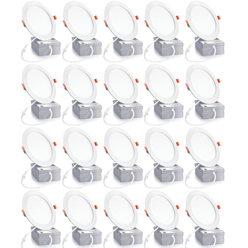 20 Pack 6 Inch Ultra-Thin LED Recessed Ceiling Light with Junction Box,6000K Daylight,Can lights12W110W Eqv,Canless Wafer Slim Panel Downlight,Led lights1050LM High Brightness (6000K, 6 Inch) - size: 6 Inch-20Pack