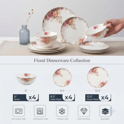 Bone China Dinnerware Set for 4, 12 Pcs Floral Plates and Bowls, Rose Bloom - color: Blush rose