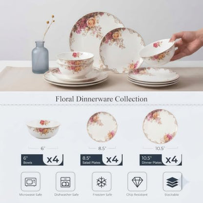 Bone China Dinnerware Set for 4, 12 Pcs Floral Plates and Bowls, Rose Bloom - color: Blush rose