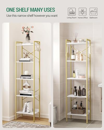 Hzuaneri Bookshelf, Book Shelf, Industrial Bookcase with 2 Hooks - color: White Gold, size: 9.4"D x 15.7"W x 63"H