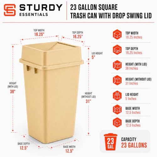 23 Gallon Beige Square Plastic Kitchen Trash Can with Drop Lid - color: Beige