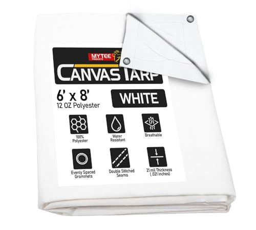 6' x 8' White Canvas Tarp 12oz - Water Resistant & Breathable - Heavy Duty Tarps - Multipurpose Tarpaulin Cover for Camping Tent - color: White (1 Pc), size: 6' x 8'