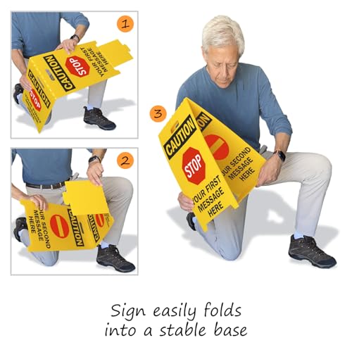 SmartSign Custom 'STOP' Reversible Folding Floor Sign, 2-Sided Corrugated Plastic, A-Frame Standing Floor Sign, 20" x 11", Made in USA