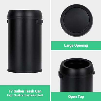 Jojoka 17 gal Stainless Steel Trash Can, Fingerprint-Proof Commercial Garbage Bin with Open-Top Design for Restaurant, Kitchen, Office, Home, Black - color: Black