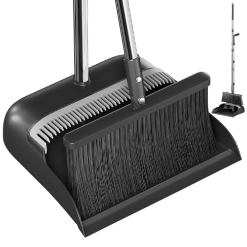 Broom and Dustpan Set, 52" Long Handle with Dust Pan Teeth, Black - color: Black & Gray