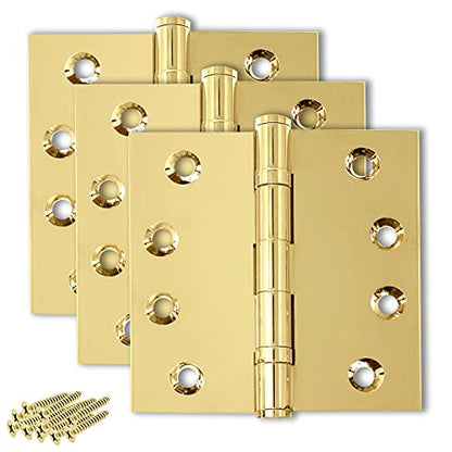 Solid Brass Door Hinge Heavy Duty Ball Bearing Polished Tarnish Aged Patina Gold 4x4 Inch - Set of 3 Hinges (Non Lacquered Brass) - color: Unlacquered Brass