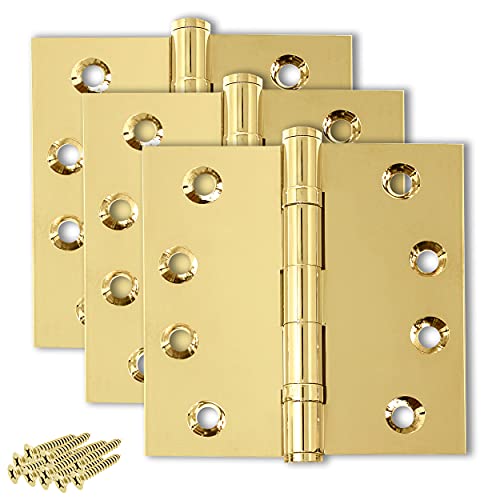 Solid Brass Door Hinge Heavy Duty Ball Bearing Polished Tarnish Aged Patina Gold 4x4 Inch - Set of 3 Hinges (Non Lacquered Brass) - color: Unlacquered Brass