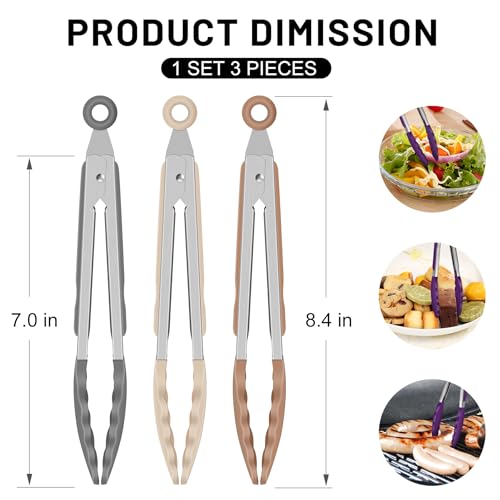 HOTEC Small Silicone Kitchen Tongs 7-Inch Mini Serving Tongs, Set of 3 - color: Neutral-1