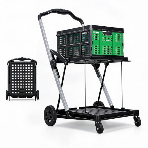 IDEALHOUSE 2-Tier Collapsible Shopping Cart 198lbs Foldable Grocery Cart - color: Green