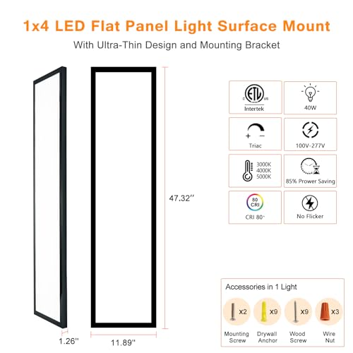 6-Pack Black 1x4 LED Flat Panel Light Surface Mount - color: Black, size: 1x4- 6 Pack