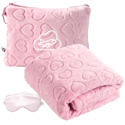 Travel Blanket, Airplane Blanket, Ultra-Soft, Warm & Lightweight, 65x40 in, Outdoor Blanket Essentials for Women, Men & Kids, Included Eye Mask, Luggage Sleeve & Backpack Clip Heart Pink - color: Heart Pink