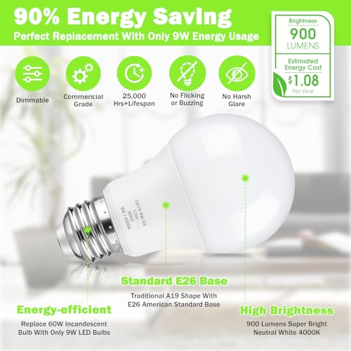 Maylaywood A19 LED Light Bulb 60W Equivalent, Dimmable 4000K Neutral White - color: Neutral White