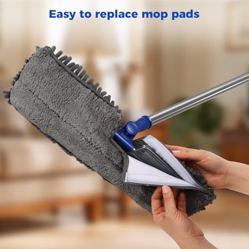 Masthome 2-Sided Microfiber Mop,Flip Flat Mop with Hair Scraper - color: Blue Professional