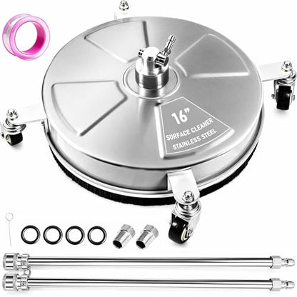 Hourleey 16" Pressure Washer Surface Cleaner, Stainless Steel Surface Cleaner with 4 Wheels for Concrete, Patio, Sidewalk, Deck, Pathway 1/4" Quick Connector, 2 Extension Wand, 4000 PSI - size: 16 Inch