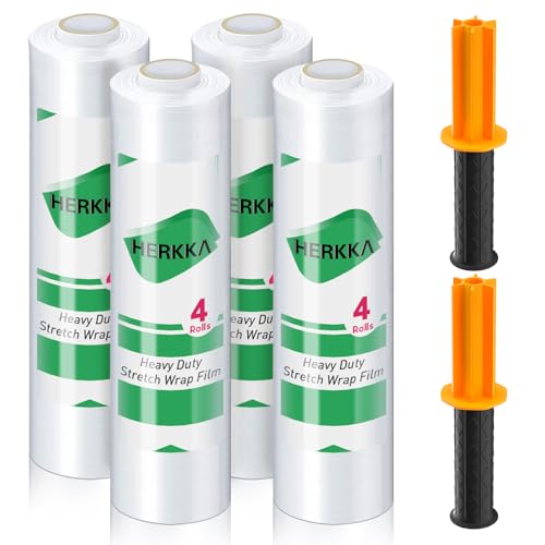 HERKKA Stretch Film With Handles Industrial Strength Moving Wrapping Plastic Roll Shrink Wrap For Pallet Wrap 15 Inches X 1000 Feet 4 Pack 60 Gauge - size: 4 Pack, style: 60 Gauge