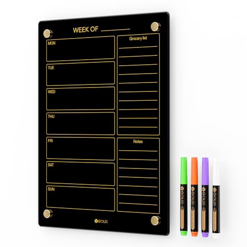 Yeoux Black Glass Golden Weekly & Menu Dry Erase Calendar Board 15“x11 - color: Black, size: 11"W x 15"H