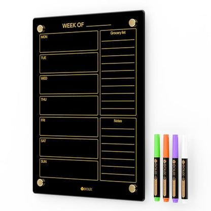 Yeoux Black Glass Golden Weekly & Menu Dry Erase Calendar Board 15“x11 - color: Black, size: 11"W x 15"H
