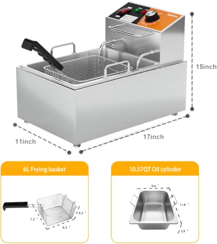 Electric Deep Fryer 10L/10.5QT Stainless Steel Single Tank Commercial Fryer with Basket, 1700W 110V Countertop Deep Fryer for Home Kitchen and Restaurant Use with Oil Thermometer & Temperature Control - size: R-81S