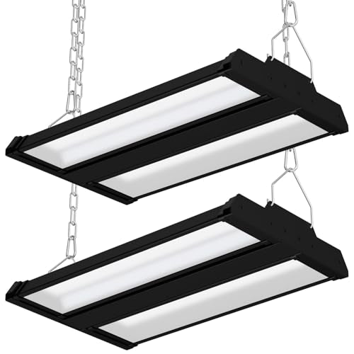 Allsmartlife LED Linear High Bay Shop Light 2-Pack, 150W 20250LM 0-10V Dimmable 5000K Daylight, Adjustable Tilt Hanging Black High Bay LED Shop Lighting Fixtures for Garage Warehouse Workshop ETL