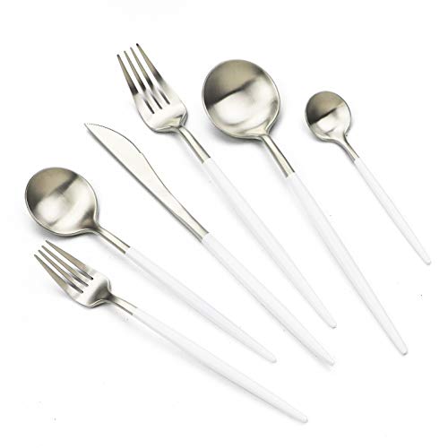 JASHII 18/10 White Handle Flatware Silver Silverware Set 304 Stainless Steel Flatware Cutlery Set| 6-Piece Adaline Royal Modern Satin Finish| BEST Birthday Wedding Gift (White Handle Matte Silver) - color: White Silver, size: Service for 1