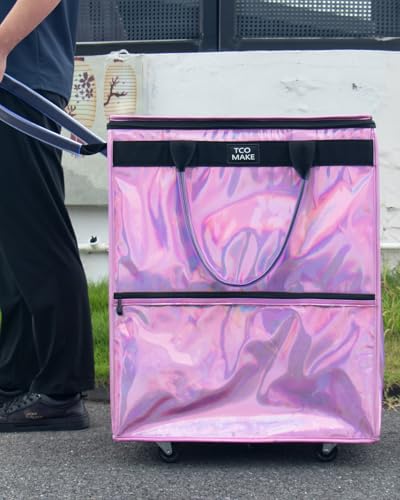 Large Phantom Pink Reusable Grocery Bag on Wheels, Folding Rolling Tote - color: Phantom Pink, size: Large