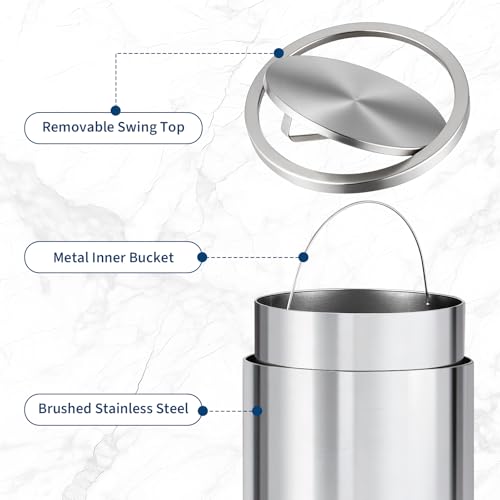 18.5 Gallon/70L Stainless Steel Trash Can with Swing Top Lid, Silver Bathroom Garbage Can with Heavy Duty Removable Inner Bucket, Round Indoor Recycle Waste Bin for Kitchen, Office, Living Room, Hotel