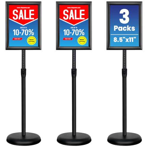 3 Pack 8.5x11 Inch Sign Holder Stand, Adjustable Pedestal Sign Stand, Heavy Duty Floor Standing Sign Holder, Aluminum Snap Open Frame Poster Stand, Vertical & Horizontal Display (Black) - color: Black, size: 8.5"x11"-3Pack