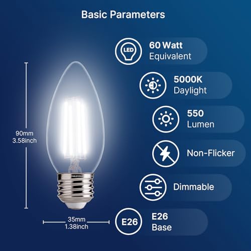 FLSNT Dimmable LED Candelabra Bulbs, 60W Equivalent LED Chandelier Light Bulbs, 5000K Daylight, E26 Base, 550LM, 6 Pack UL,CA65 Listed. - color: 60w Daylight, size: 6 Count (Pack of 1)